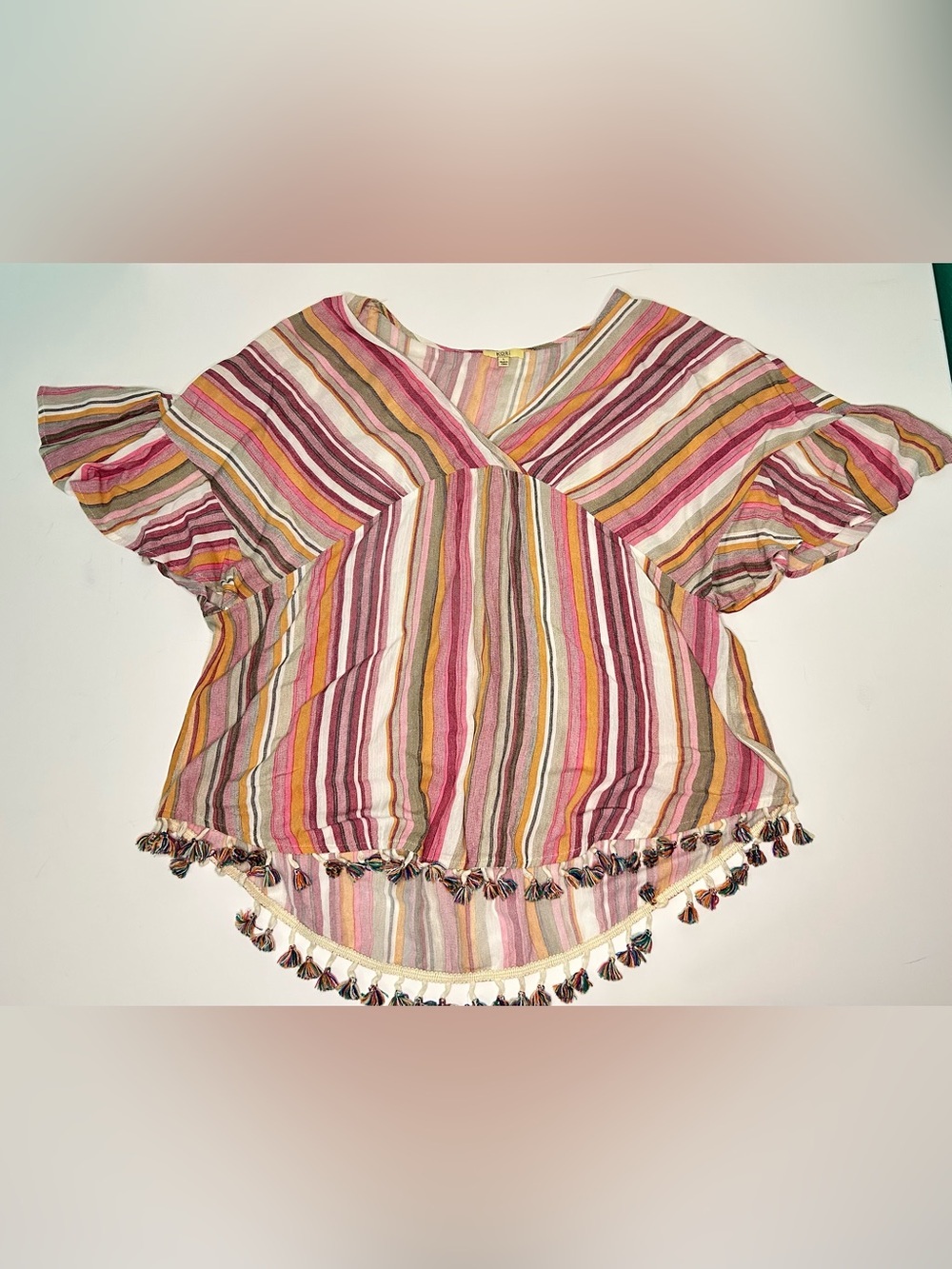 Kori Multicolor Striped V-Neck Tassel Hem Blouse flutter sleeves
